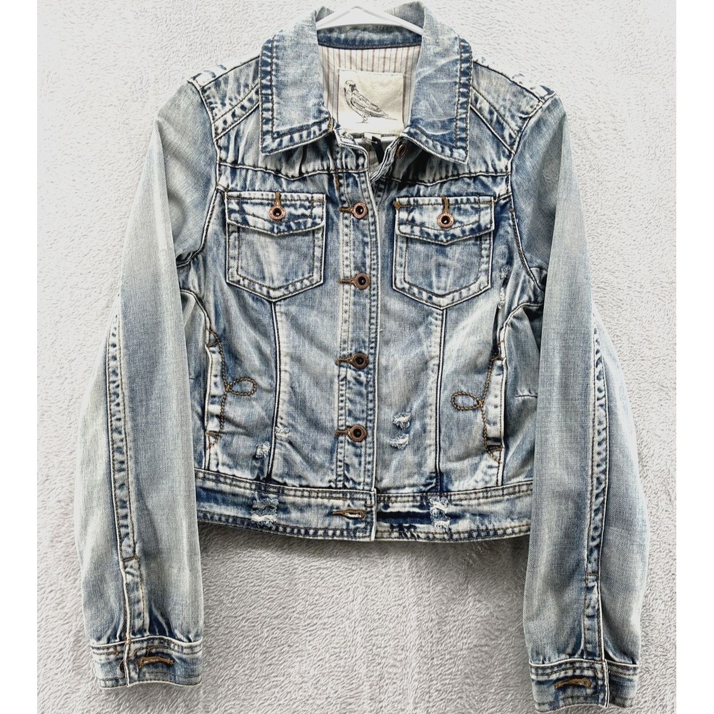 White Crow Jean Jacket Womens Small Ciggy Indigo Distressed Copper Button Denim